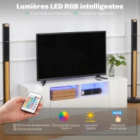 HOMCOM Meuble TV, banc TV, meuble de télévision, jusqu'à 60 pouces, avec lumières LED, 2 étagères et placards, panneau de porte brillant, 137 x 35 x 42 cm, blanc(m-5)