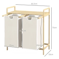 HOMCOM Wäschekorb mit 2 Waschsäcken, 1 Ablage, Bambus, 63,5 cm x 33 cm x 73 cm, Hellgrau + Natur(m-3)