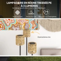 Outsunny Lampadaire solaire extérieur en résine tressée, lampadaire à 3 lumières avec capteur et étagère, Ø37 x 144 cm, jaune(m-4)