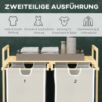 HOMCOM Wäschekorb mit 2 Waschsäcken, 1 Ablage, Bambus, 63,5 cm x 33 cm x 73 cm, Hellgrau + Natur(m-4)