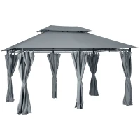 Outsunny 4m x 3(m)Garden Gazebo, Double Roof Outdoor Gazebo Canopy Shelter with Curtains, Solid Steel Frame for Patio, Garden, Grey(m-24)