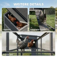 PawHut Hühnerstall Hühnerhaus für 3-4 Hühner mit Auslauf Nistkasten Asphaltdach Oxford-Abdeckung Auszugsschublade 264x82x89cm Grau(m-8)