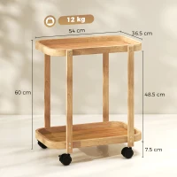 HOMCOM Cărucior de bucătărie din bambus 2 niveluri Cărucior auxiliar pentru bucătărie cu roți 2 rafturi 54x36,5x60 cm Natural(m-3)