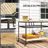 Outsunny Desserte de jardin chariot pour plancha en bois et métal 2 étagères 3 crochets 107 x 65 x 80 cm noir naturel(m-6)