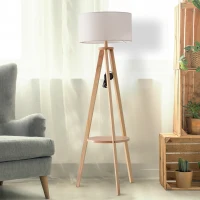 HOMCOM Lampadaire trépied design scandinave dim. 50L x 50l x 154 cm 40 W max. étagère intégrée bois massif pin abat-jour toile lin beige(m-9)