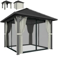 Outsunny 3 x 3(m) Hardtop Gazebo with Galvanised Steel Roof and Water Gutter, Waterproof Permanent Pavilion Garden Gazebo with Netting and Curtains for Patio, Deck, Black(m-11)