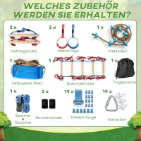 AIYAPLAY Ninja Line Kinder 24 m Slackline Set mit Turnringe 7 Hindernissen Kletterstange Balancierbrücke für 3-6 Jahre Rot+Blau(m-4)