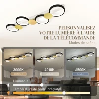 HOMCOM Plafonnier LED 38W, luminaire plafonnier 4 lumières à montage affleurant, télécommande, 100 x 31 x 7 cm, doré et noir(m-5)