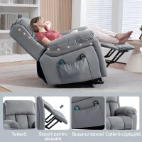 HOMCOM Fotoliu Recliner cu 8 Puncte de Masaj și Buzunar pentru Depozitare, din Piele Ecologică și Oțel, 90x95x103 cm, Gri(m-9)