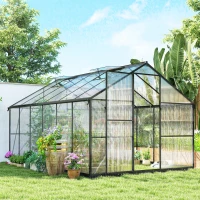Outsunny Serre de jardin en aluminium polycarbonate, serre avec fenêtres supérieures réglables 363x247x205cm noir(m-2)