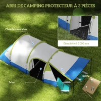 Outsunny Tente de camping tente tunnel 2-3 per. avec porche légère ventilée étanche 2000 mm 3 portes sac de transport inclus(m-4)