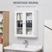 kleankin Armoire murale de salle de bain, meuble haut salle de bains avec 2 portes en verre, étagère réglable, 55x20x65cm, blanc(m-7)