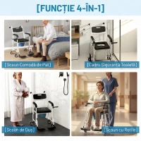 HOMCOM Scaun cu rotile cu WC impermeabil 4 în 1 cu suporturi pentru picioare rabatabile, din aluminiu și plastic, negru(m-4)