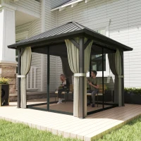 Outsunny 3 x 3(m) Hardtop Gazebo with Galvanised Steel Roof and Water Gutter, Waterproof Permanent Pavilion Garden Gazebo with Netting and Curtains for Patio, Deck, Black(m-2)