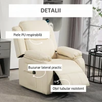 HOMCOM Fotoliu cu Funcție de Ridicare Reclinabil la 160° cu Suport pentru Picioare și Telecomandă, din Piele PU și Oțel, 76x90x105 cm, Crem(m-8)