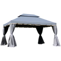 Outsunny Pérgola de Jardim 4x3m Pérgola de Alumínio com Teto de Ventilação 4 Cortinas Laterais Tela Mosquiteira  e 8 Orifícios de Drenagem para Exterior Pátio Festas Cinza(m-10)
