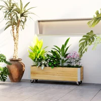 Outsunny Jardinière sur roulettes jardinière rectangulaire feutre de drainage métal bois massif 96 x 30,6 x 30 cm bois naturel(m-10)