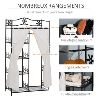 HOMCOM Armoire Chambre adulte Penderie Vêtement Dressing Multi Rangements 5 étagères 84L x 42l x 159H cm métal Noir 2 Rideaux Blanc(m-4)