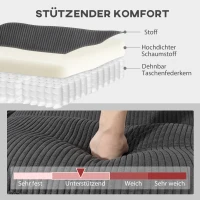 HOMCOM Ecksofa U-Form Sofa Couch mit Federpolsterung gepolsterte Armlehnen beweglicher Ottomane Cord 292x224x85 cm Dunkelgrau(m-5)