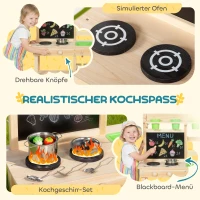AIYAPLAY Matschküche Kinder Outdoor, Spielküche aus Holz mit Spüle Herd Pflanztöpfen Tafel für 3-6 Jahre 77x32x95 cm Naturholz(m-6)