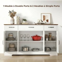 HOMCOM Buffet, meuble de rangement cuisine style ferme avec 4 portes de grange, 3 tiroirs, étagères ajustables, blanc(m-4)
