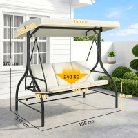 Outsunny Dondolo Letto da Giardino 3 Posti con Tettuccio Regolabile, in Acciaio e Poliestere, 195x117x175 cm, Crema e Nero(m-3)