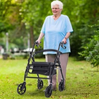 HOMCOM Déambulateur 4 roues - déambulateur pliable léger - assise + dossier rembourré - poignées ergonomiques, freins à main - panier rangement - cale-pied - métal noir(m-10)