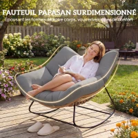 Outsunny Fauteuil à Bascule Papasan Intérieur Extérieur, Chaise Ovale à Bascule Rembourrée pour Jardin, Patio, Gris(m-4)