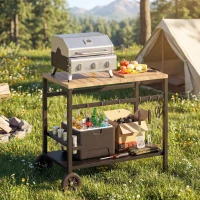 Outsunny Desserte jardin, chariot de barbecue sur roulettes avec porte-boissons et crochets, 97 x 51 x 83 cm, noir et marron(m-10)