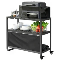Outsunny Chariot de Barbecue Desserte de Jardin Mobile avec Pare-vent 3 Niveaux Rideau Oxford 100x46x110cm Noir(m-1)