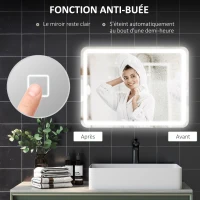 HOMCOM Miroir de salle de bain 60 x 80 cm, miroir LED mural avec 3 couleurs lumière, dimmable, mémoire, anti-buée, argent(m-7)