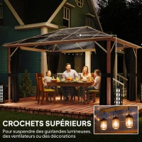 Outsunny Tonnelle de Jardin Pavillon Extérieur Aspect Bois Toit Rigide en Polycarbonate UV50+ Imperméable 398x298x262cm Naturel(m-7)