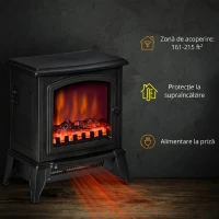 Șemineu Electric Portabil HOMCOM 1000W/2000W cu Efect de Flacără, din ABS și Sticlă Temperată, 36,5x24x45,5 cm, Negru(m-6)