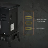 Șemineu Electric Portabil HOMCOM 1000W/2000W cu Efect de Flacără, din ABS și Sticlă Temperată, 36,5x24x45,5 cm, Negru(m-5)