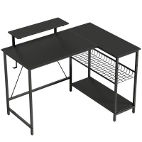 HOMCOM Bureau gaming réversible, bureau gaming d'angle, support pour écran, étagère en maille réglable, 114,5x82x91,5cm, noir(m-12)