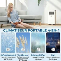 HOMCOM Climatiseur mobile 10000BTU, climatiseur portable 4 en 1 refroidissement déshumidificateur ventilateur mode nuit, blanc(m-5)
