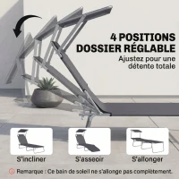 Outsunny Transat Bain de Soleil Pliable Chaise Longue Pliante Grand Confort Dossier Inclinable Multi-positions et Pare-Soleil réglable Dim. 187L x 58l x 36H cm Gris(m-5)