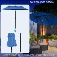 Outsunny Sonnenschirm, Gartenschirm, neigbar, mit Handkurbel, Winddach, Polyester+Stahl, Marineblau, 285 x 147 cm(m-8)