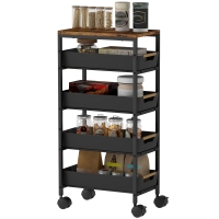 HOMCOM Desserte cuisine, chariot de rangement à roulettes 5 niveaux avec 4 tiroirs coulissants, étagère de rangement, noir
