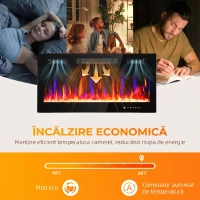 HOMCOM Șemineu Electric de Perete 900/1800W Ultra Subțire 9,4cm, 12 Culori Flacără 3D și Cristal Reglabil, Șemineu Electric cu Telecomandă, Touchscreen, Timer, Termostat, 30㎡ Negru(m-6)