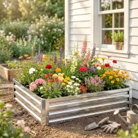 Outsunny Gartenbeet, Pflanzkasten mit Stahlgehäuse, Silber, 120 x 120 x 30 cm(m-9)