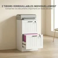HOMCOM Caisson bureau, meuble rangement bois 2 tiroirs et serrure, barres de suspension réglables, 40 x 40 x 71 cm, blanc(m-6)