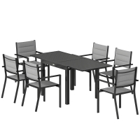 Outsunny Salon de Jardin 7 Pièces Table Extensible Aluminium 6 Chaises Empilables Textilène Rembourré 90/180 x 80 x 75 cm Gris