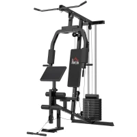 HOMCOM Kraftstation für Zuhause Fitnessstation mit Latzuggerät, Kabelzug, kurzer Bizepsstange, Brustpresse, Beintrainer, Butterfly-Maschine 45kg Gewichten Multifunktion Fitnessstation Schwarz(m-11)