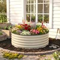 Outsunny Hochbeet, Verzinkter Pflanzkübel mit Sicherheitsrand, Pflanzbox mit offenem Boden, 120 x 120 x 43 cm, Cremeweiß(m-9)