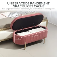 HOMCOM Banc de rangement, bout de lit en velours avec couvercle, pieds en métal, capacité 72 L, 108x44x43,5cm, rose(m-6)