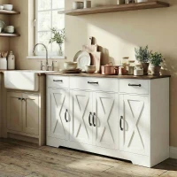 HOMCOM Buffet, meuble de rangement cuisine style ferme avec 4 portes de grange, 3 tiroirs, étagères ajustables, blanc(m-9)