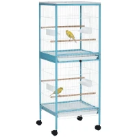 PawHut Grande Cage à Oiseaux sur Pied Double avec Mangeoires Perchoirs Plateau Amovible Roulettes 51,5 x 50 x 140 cm Bleu Clair(m-11)