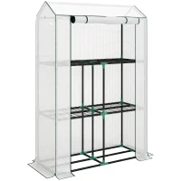 Outsunny Gewächshaus mit 3-Stufen-Regal, UV-beständige Kunststoffabdeckung, Rolltür, 100 x 40 x 150 cm, Weiß(m-1)