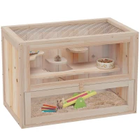 PawHut Hamsterkäfig aus Holz 2 Etagen 60 x 35 x 42 cm Nagerkäfig Kleintierkäfig mit aufklappbarem Gitterdach Trinkflasche Rampe Wippe Fütterungsstation Mäusekäfig für Zwerghamster Naturholz(m-11)